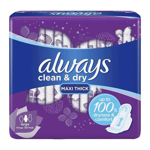 Always Cool & Dry No Heat Feel Maxi Thick Large Sanitary Pads with Wings 30 pad count