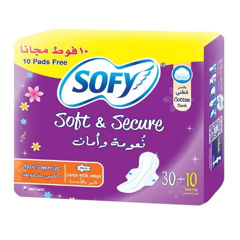 Sofy soft & secure maxi compressed cotton feel Large pads with wings 30 pades + 10 pades free Pack size : 40 pieces