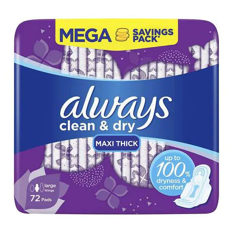 Always clean & dry maxi thick large with wings × 72 pads